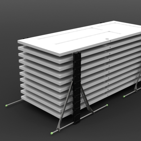 A stack of doors recently spray painted and drying on a specially constructed rack