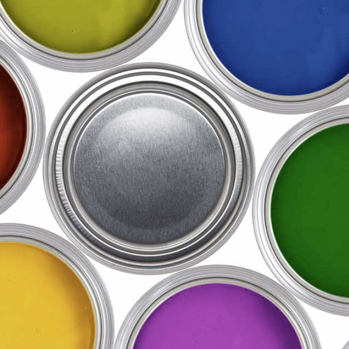 A selection of paint colours in metal tins